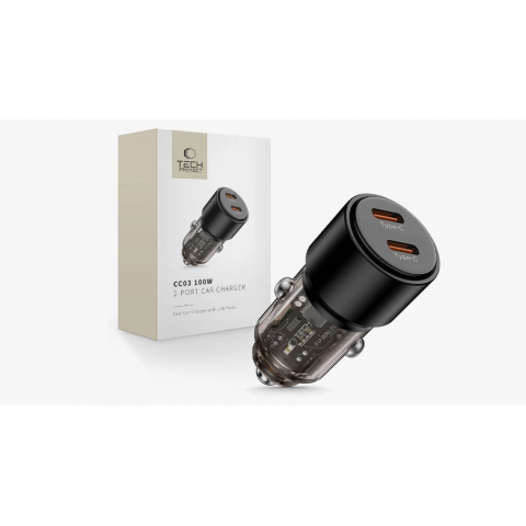 Automobilinis įkroviklis 12-24V 2xUSB C 100W juodas Tech-Protect CC03